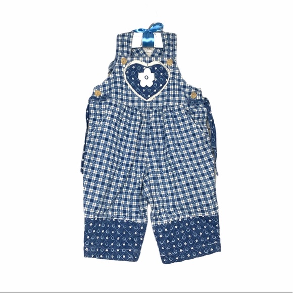 Vintage girls denim overalls bib plaid blue 12 m